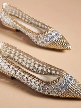 Cecilia New York Flats Brie Woven Pointed Gold Silver Flats 9 Anthropologie NWOT